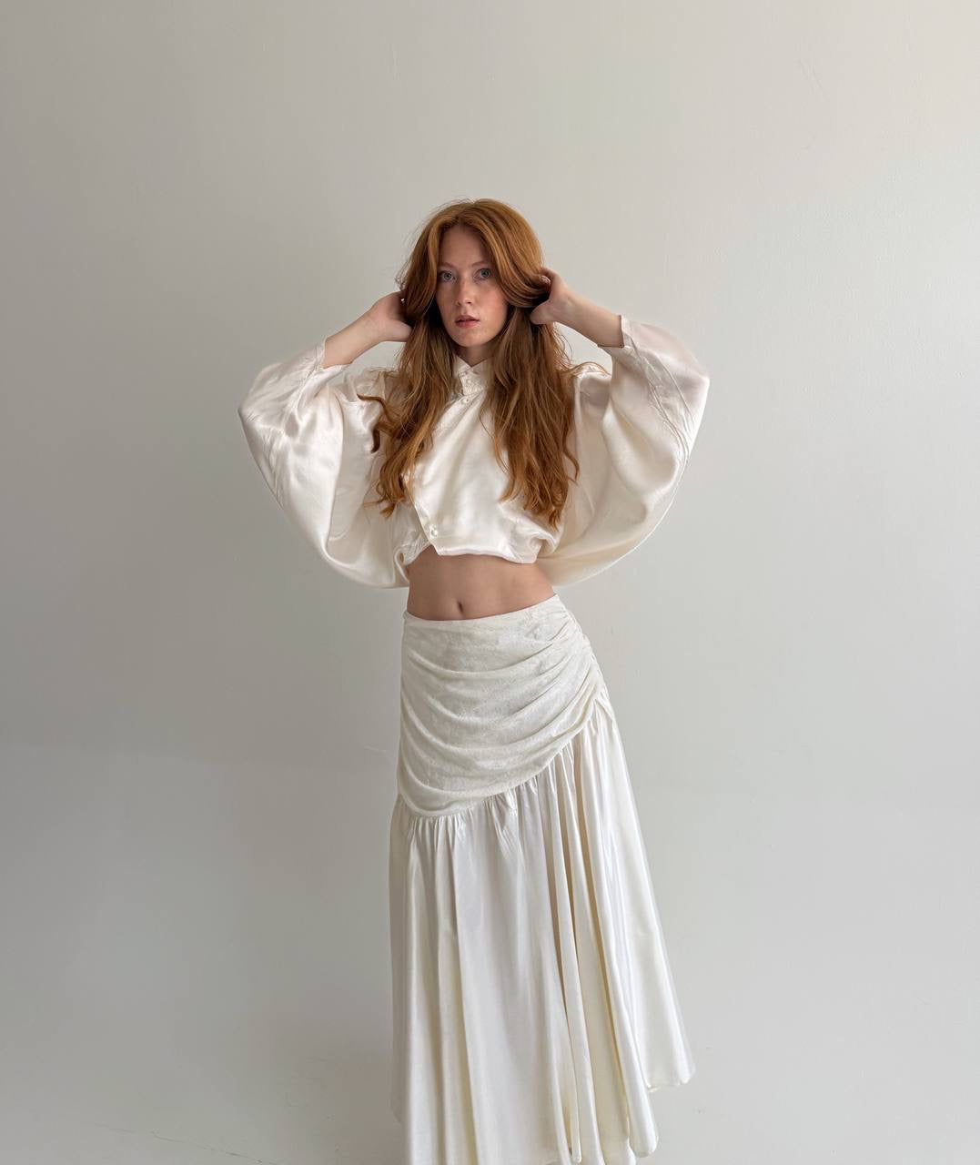 Vintage cream white maxi skirt with lace and eyelet fabric