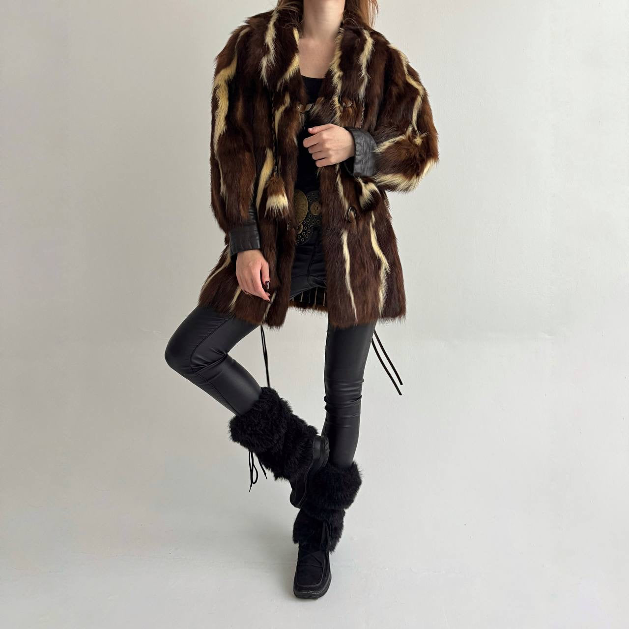 Vintage real fur coat with tortoise shell belt