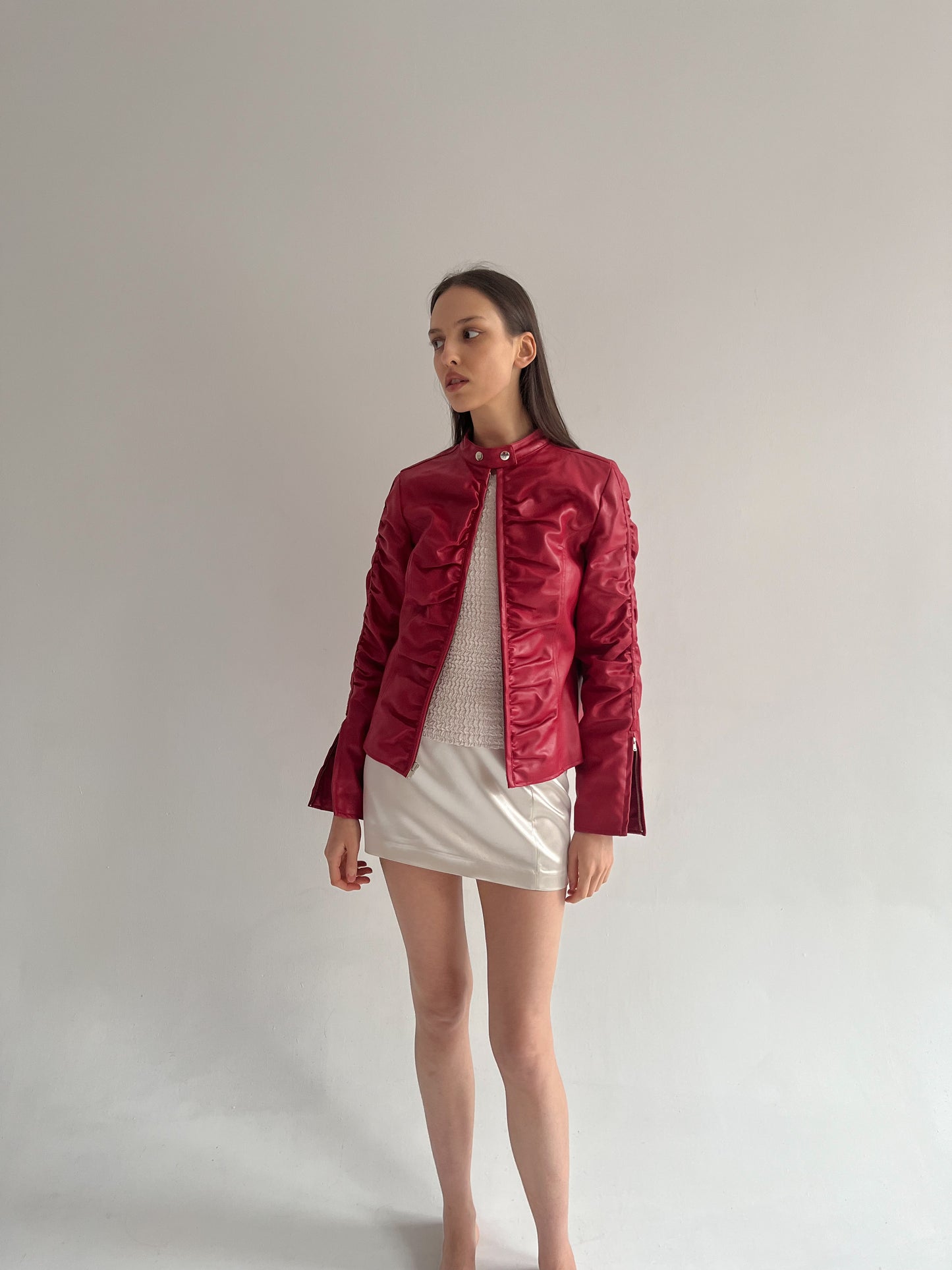 Vintage faux leather moto jacket with crinkle details