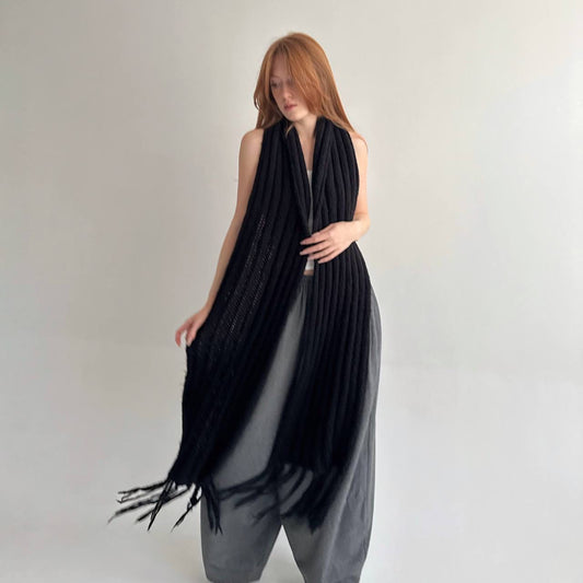 Vintage black knitted warm scarf with tassels