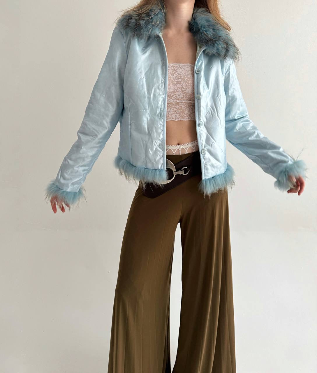 Vintage baby blue satin jacket with mixed faux