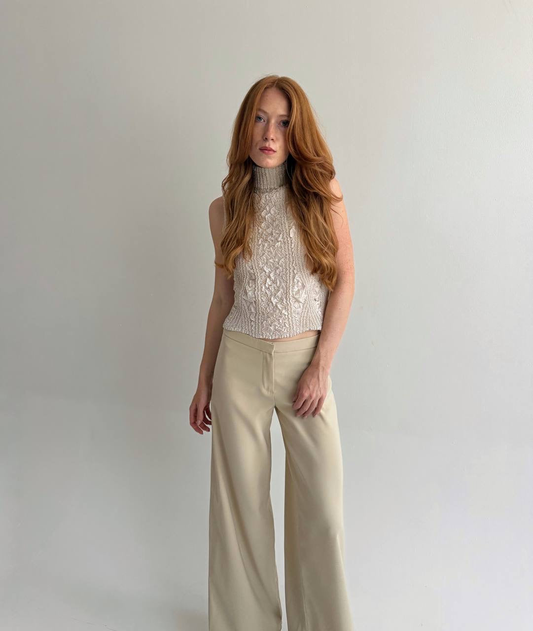 Vintage champagne satin pleated top