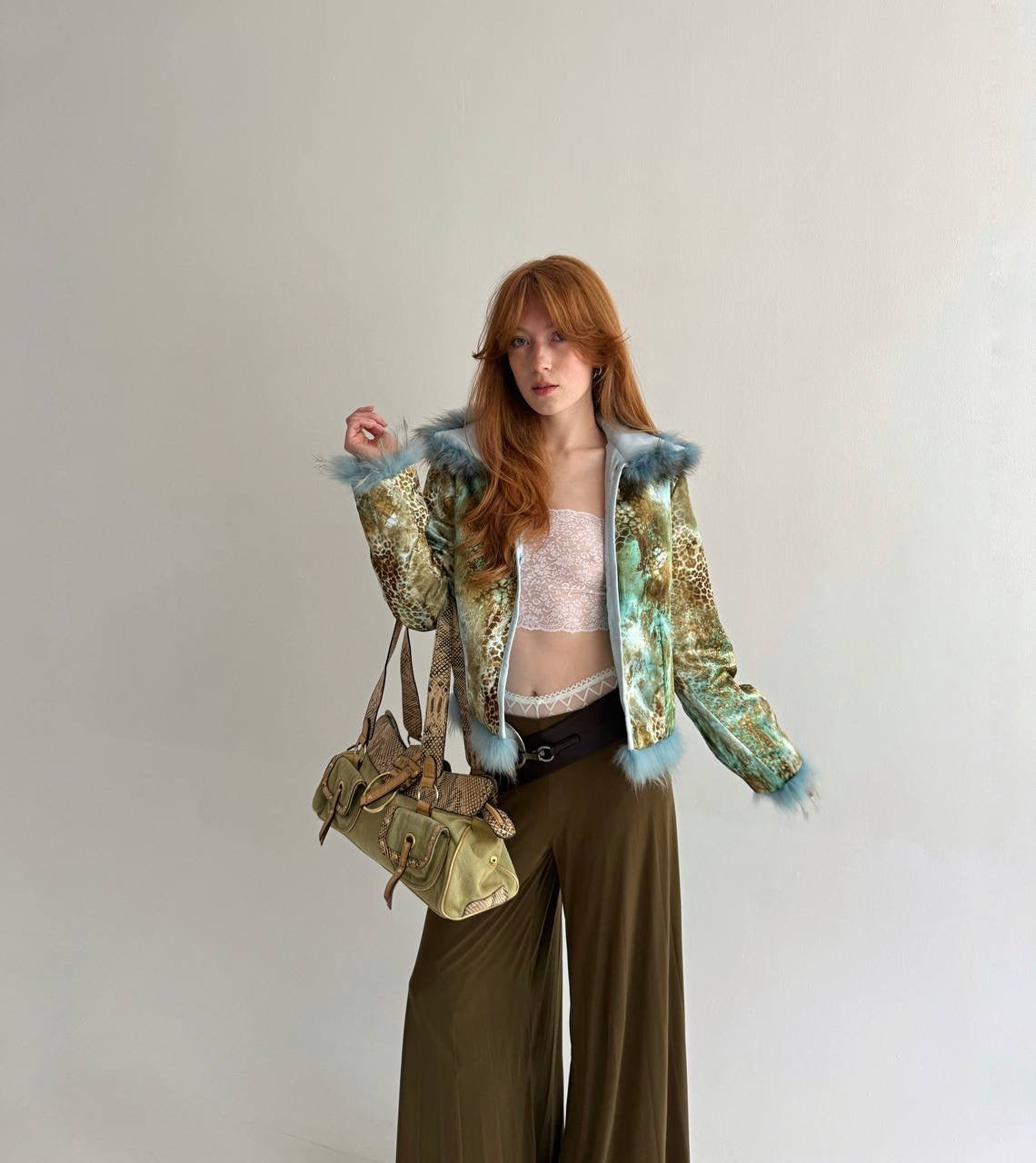Vintage baby blue satin jacket with mixed faux