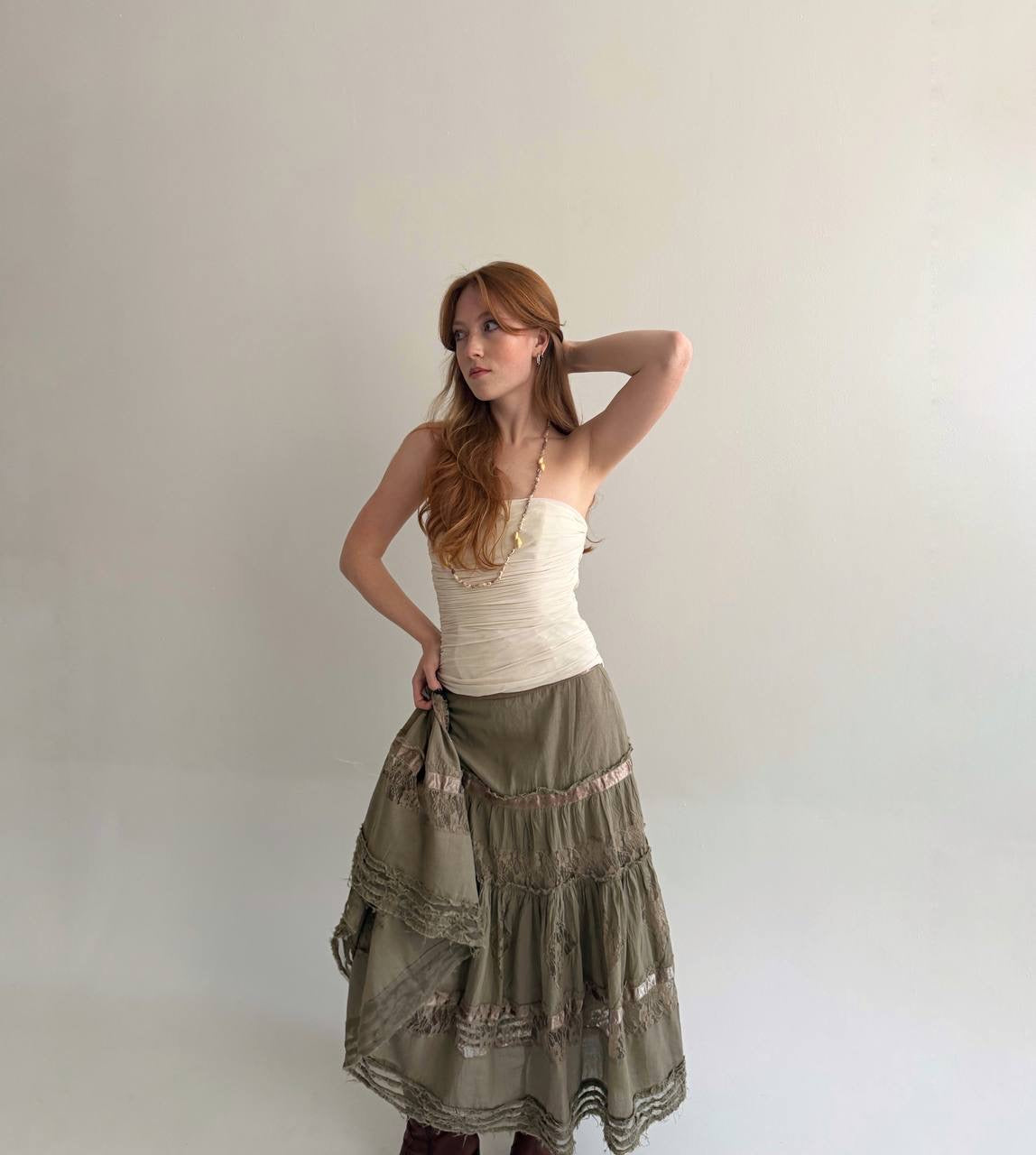 Vintage cotton long ruched skirt with lace