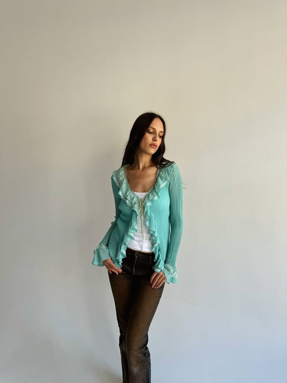 Vintage turquoise pleated lace ruffled blouse