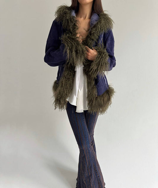Vintage genuine leather jacket with Mongolian fur
