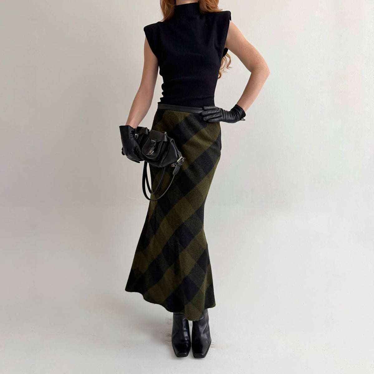 Vintage dark green khaki checked maxi skirt