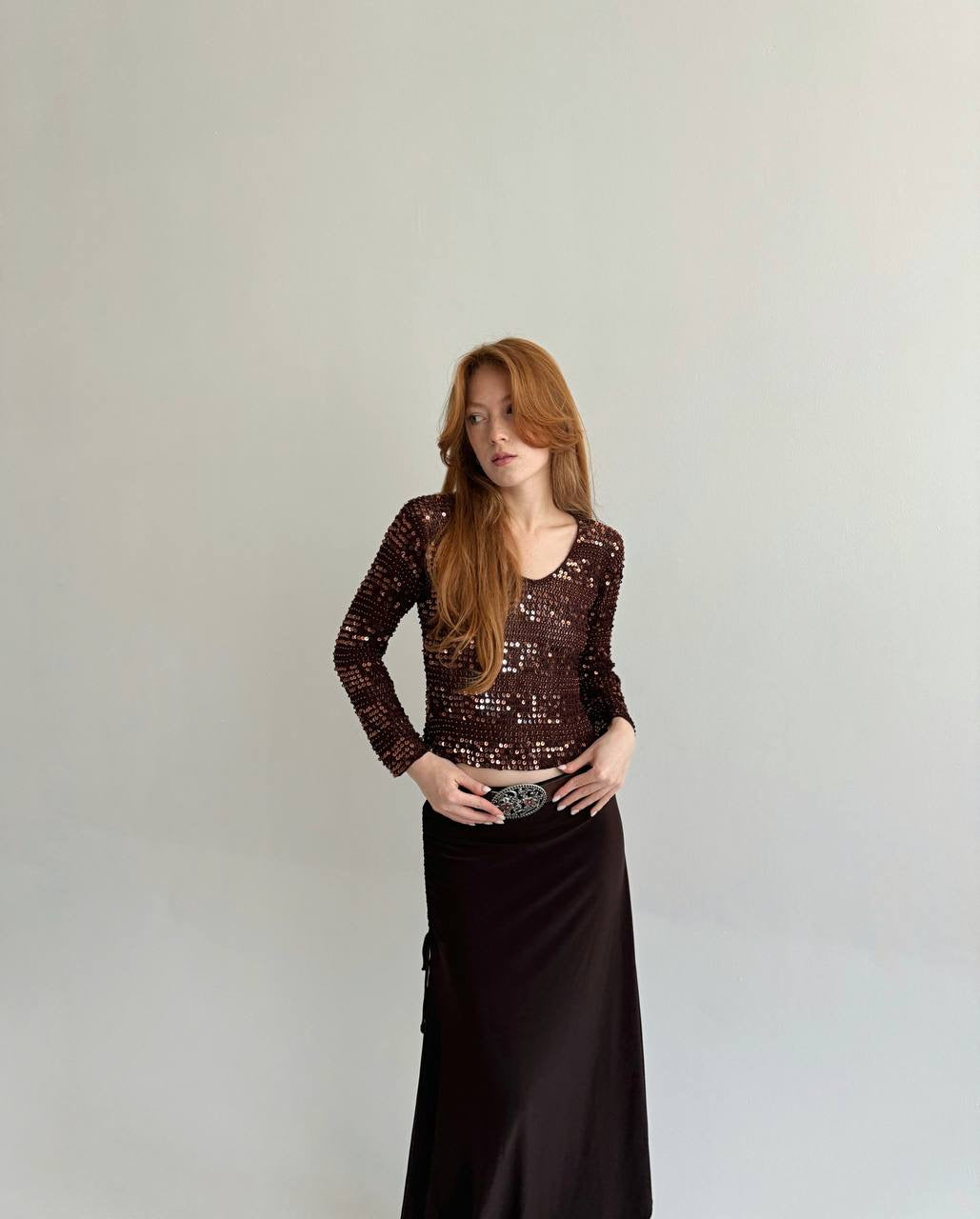 Vintage brown crochet sequin blouse