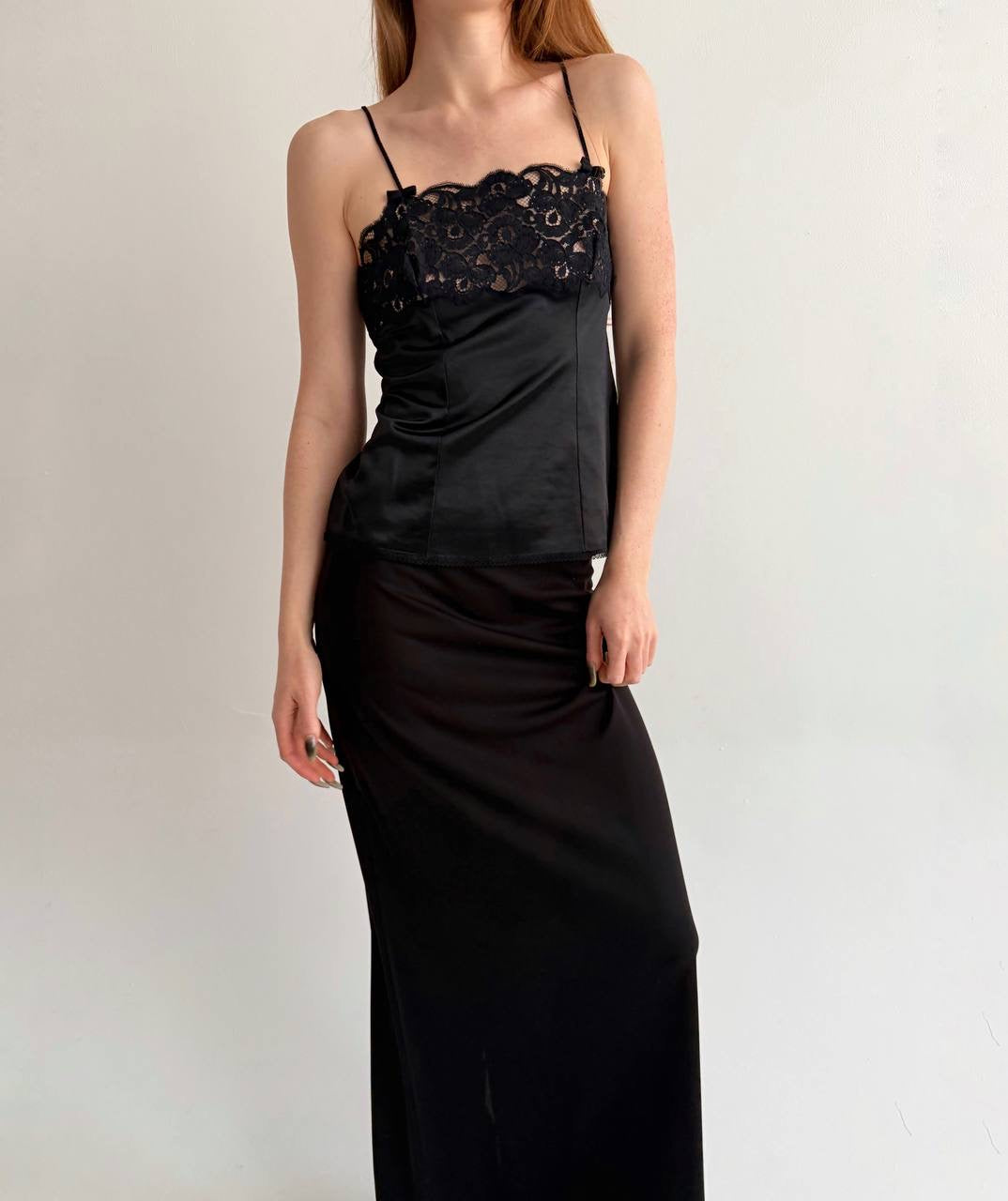 Vintage black satin camisole top with lace