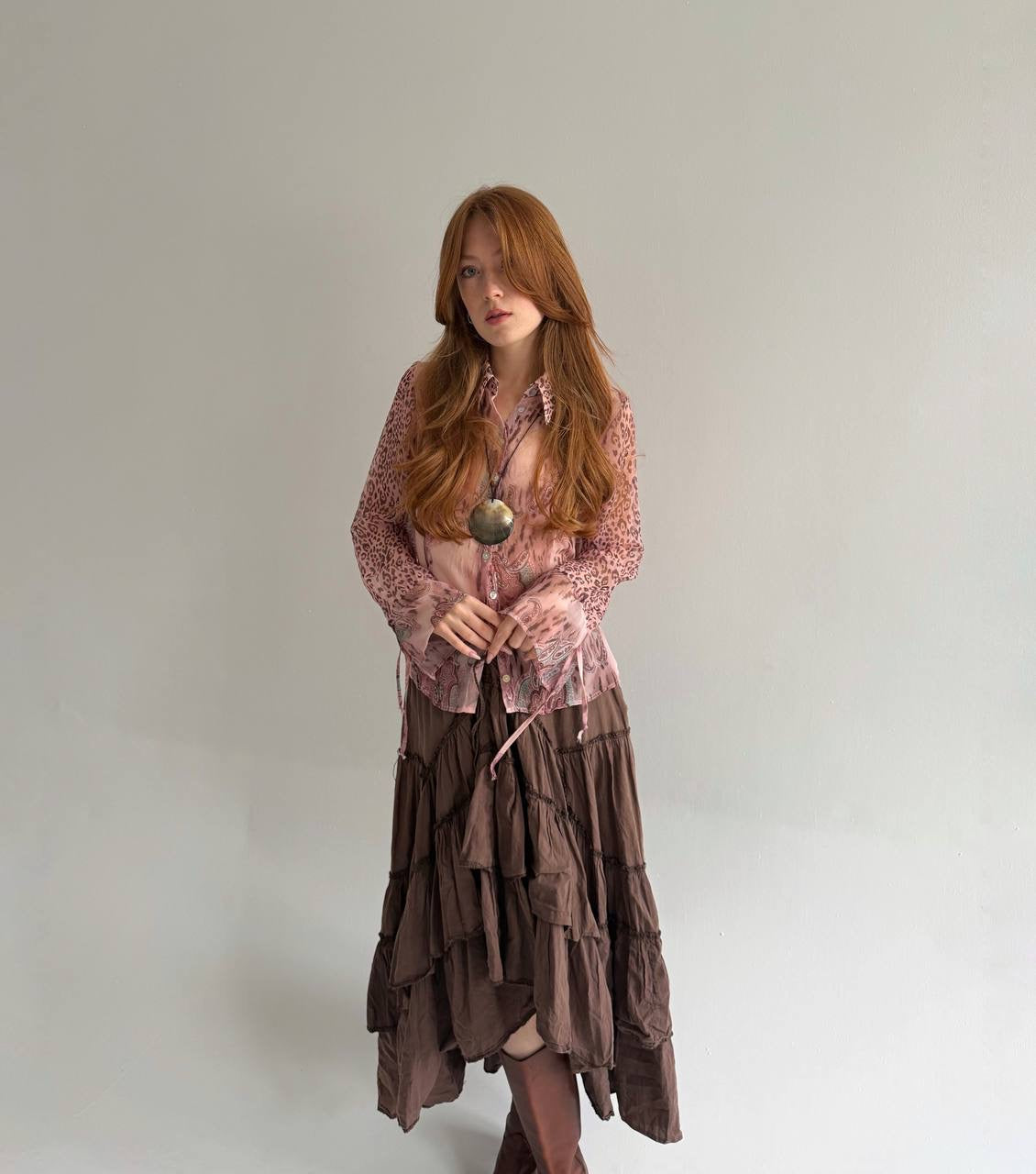 Vintage pink sheer blouse with print