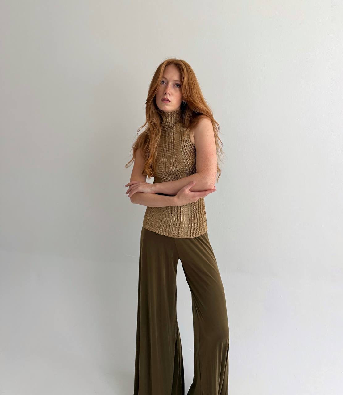 Vintage beige bronze pleated avant garde top