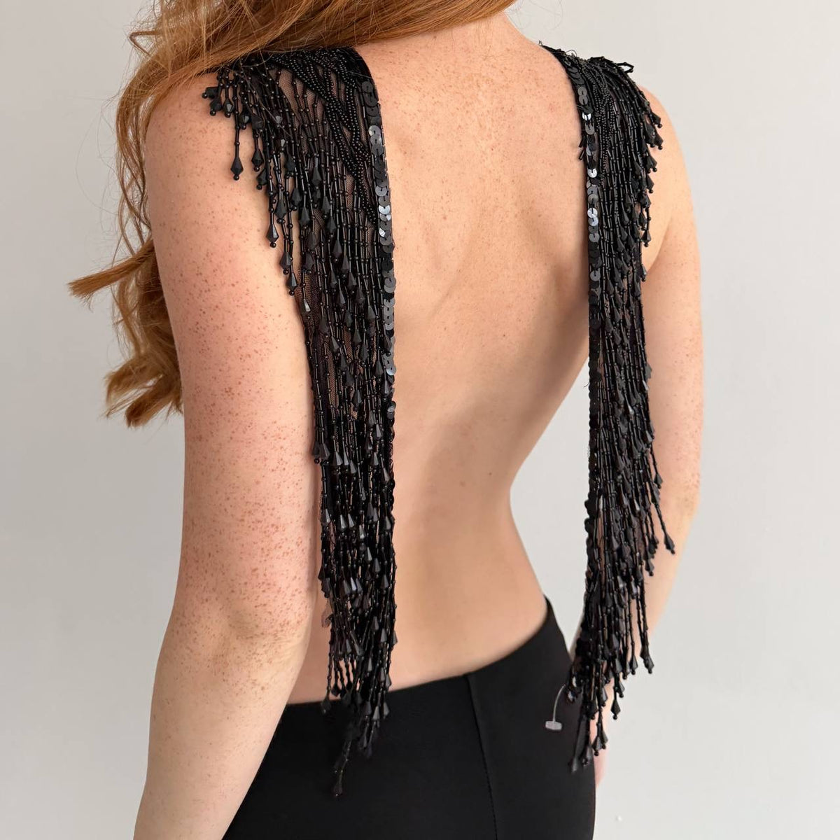 Vintage black beaded fringe mesh top accessory