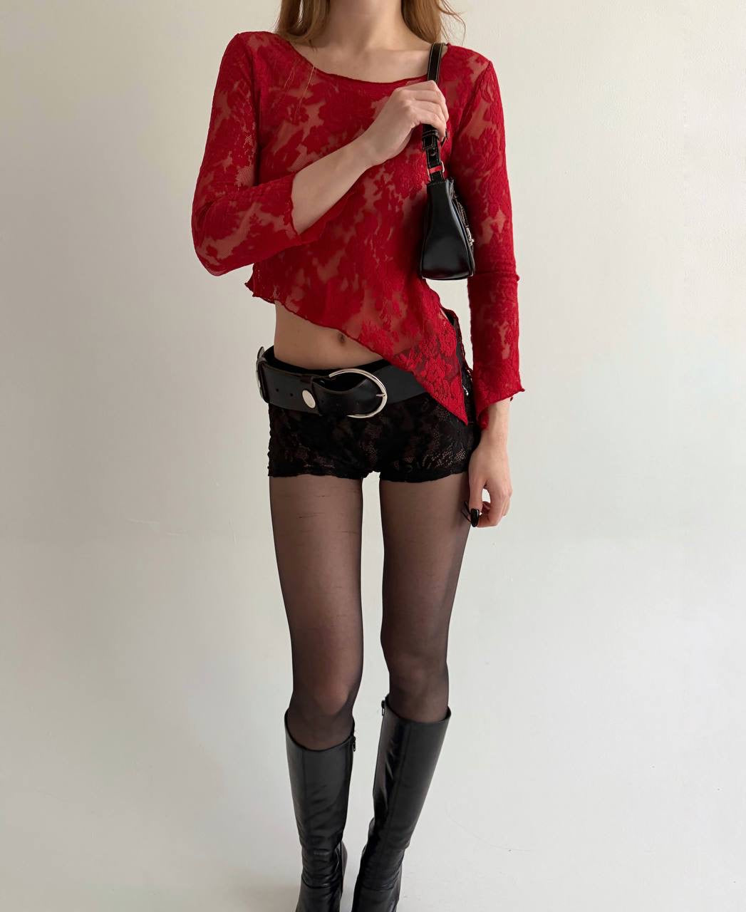 Vintage red mesh asymmetrical blouse