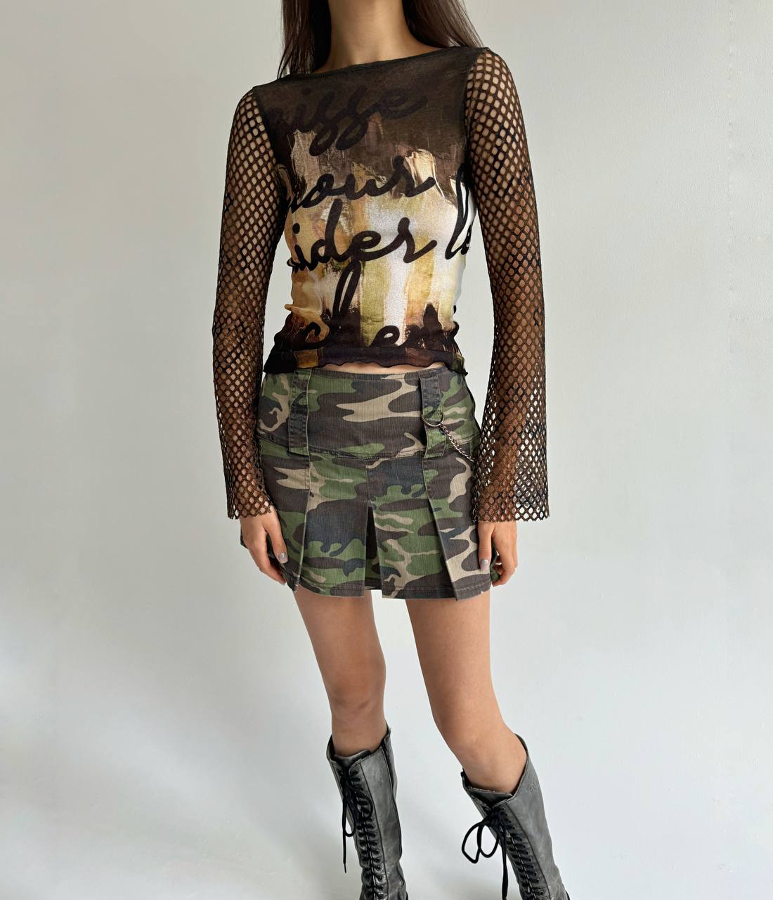 Vintage camouflage mini pleated skirt with a chain