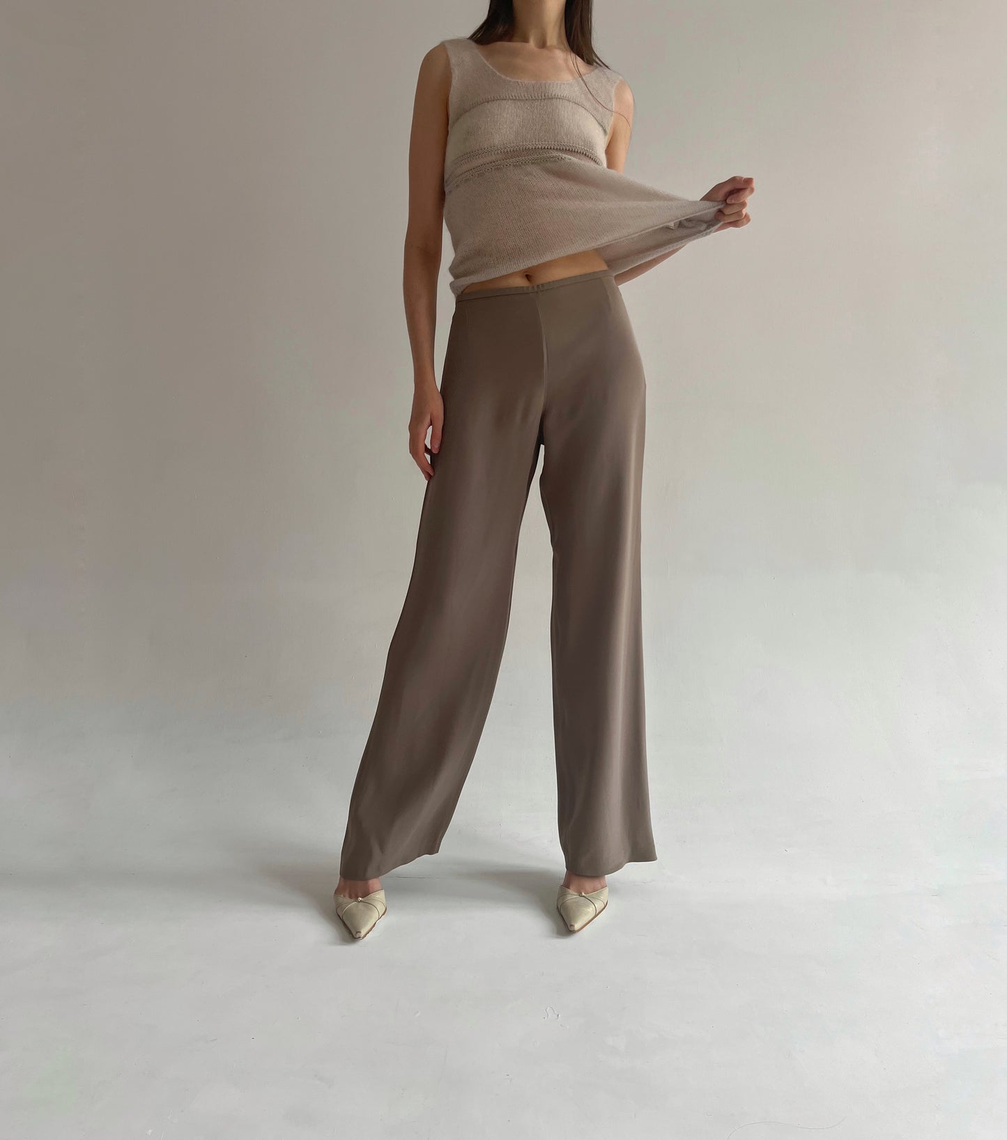 Armani Collezioni taupe silk and acetate long pants