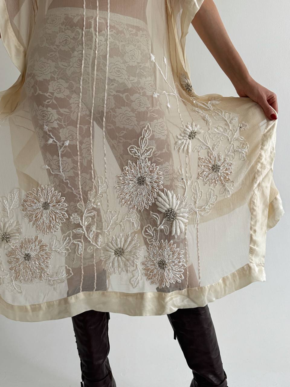 Vintage pure silk beaded crepe sheer dress