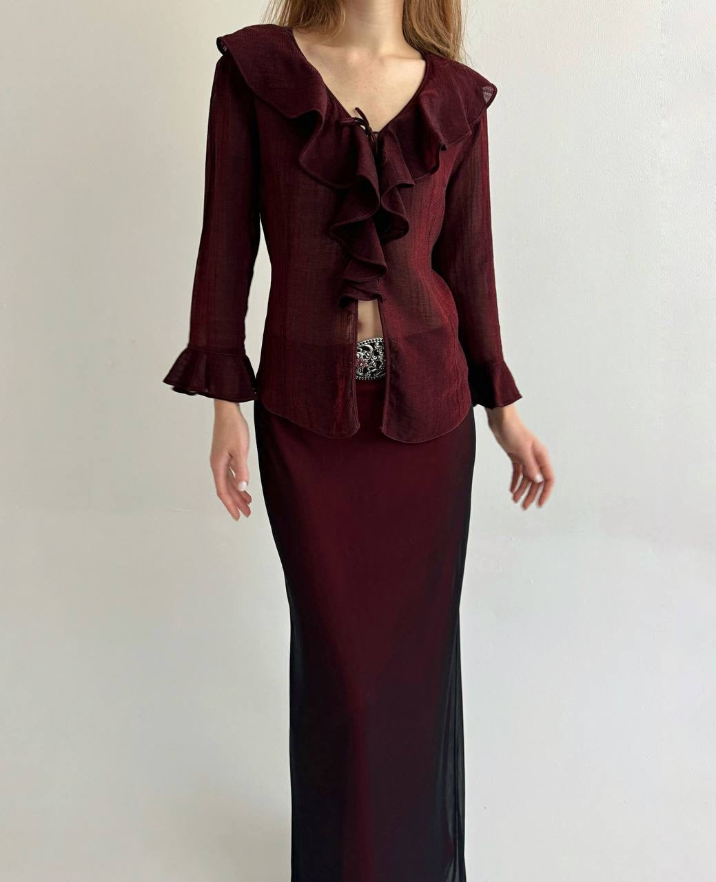 Vintage burgundy blouse with ruffles