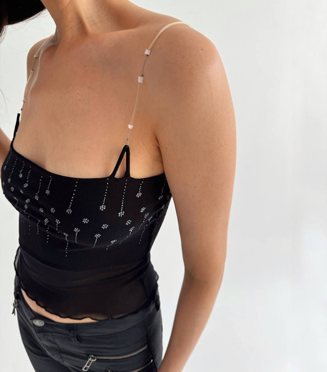 Vintage mesh black beaded straps top