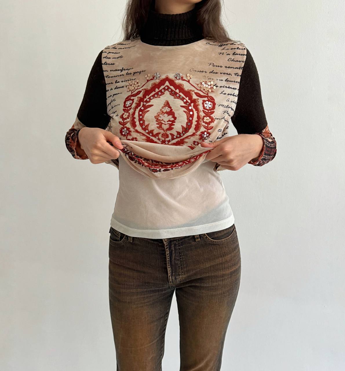 Vintage mesh printed blouse with knitted turtleneck