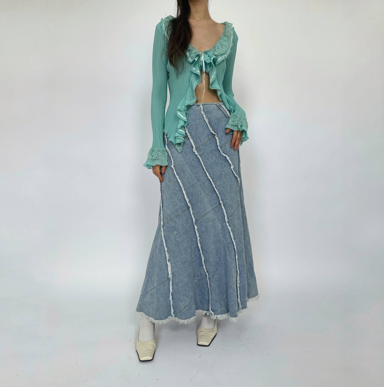 Vintage light denim maxi mermaid cut skirt