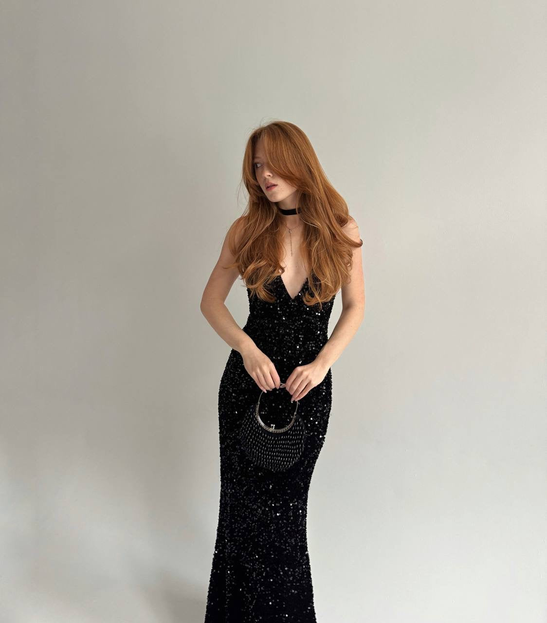 Vintage black long gown covered with sequins