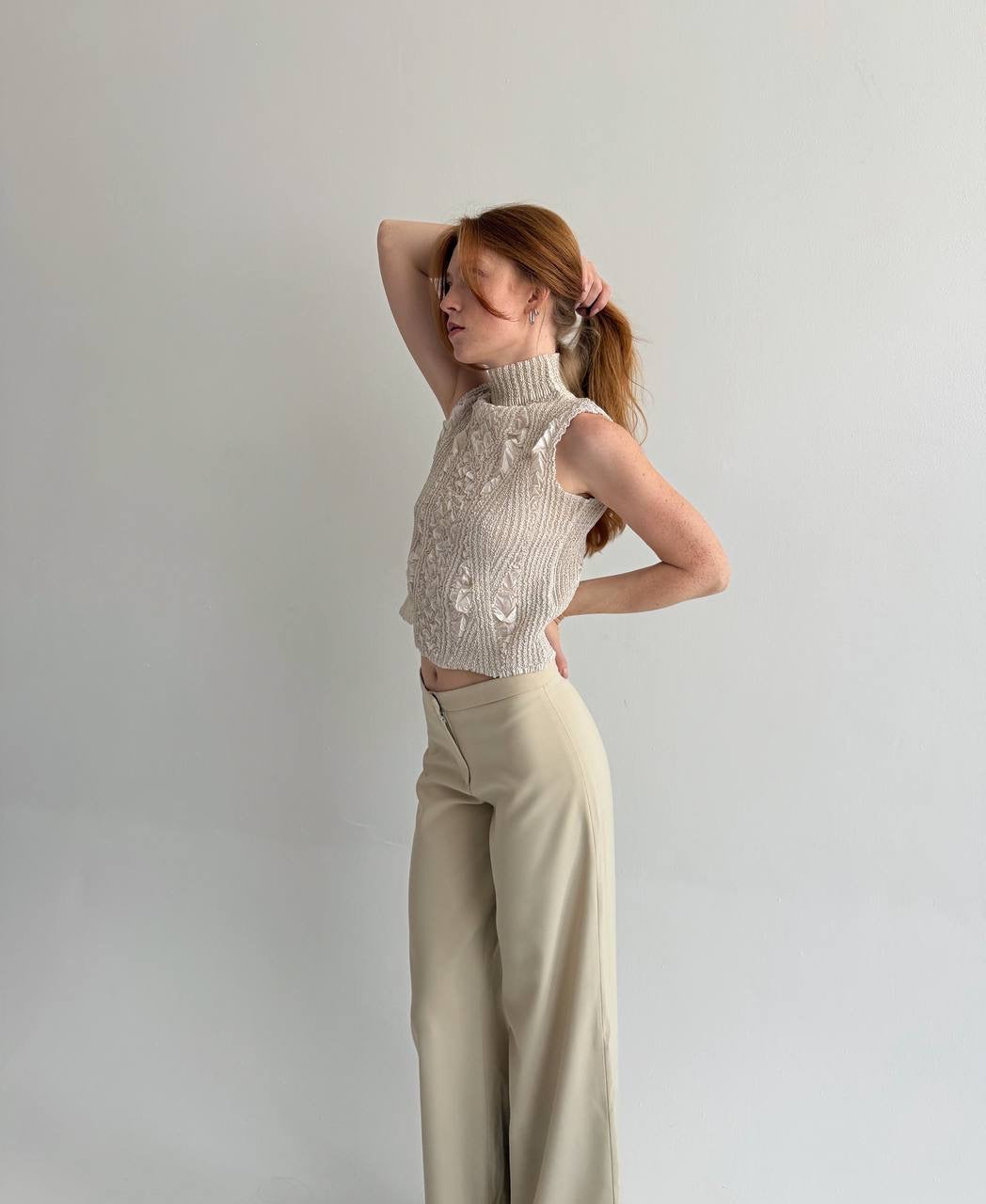 Vintage champagne satin pleated top