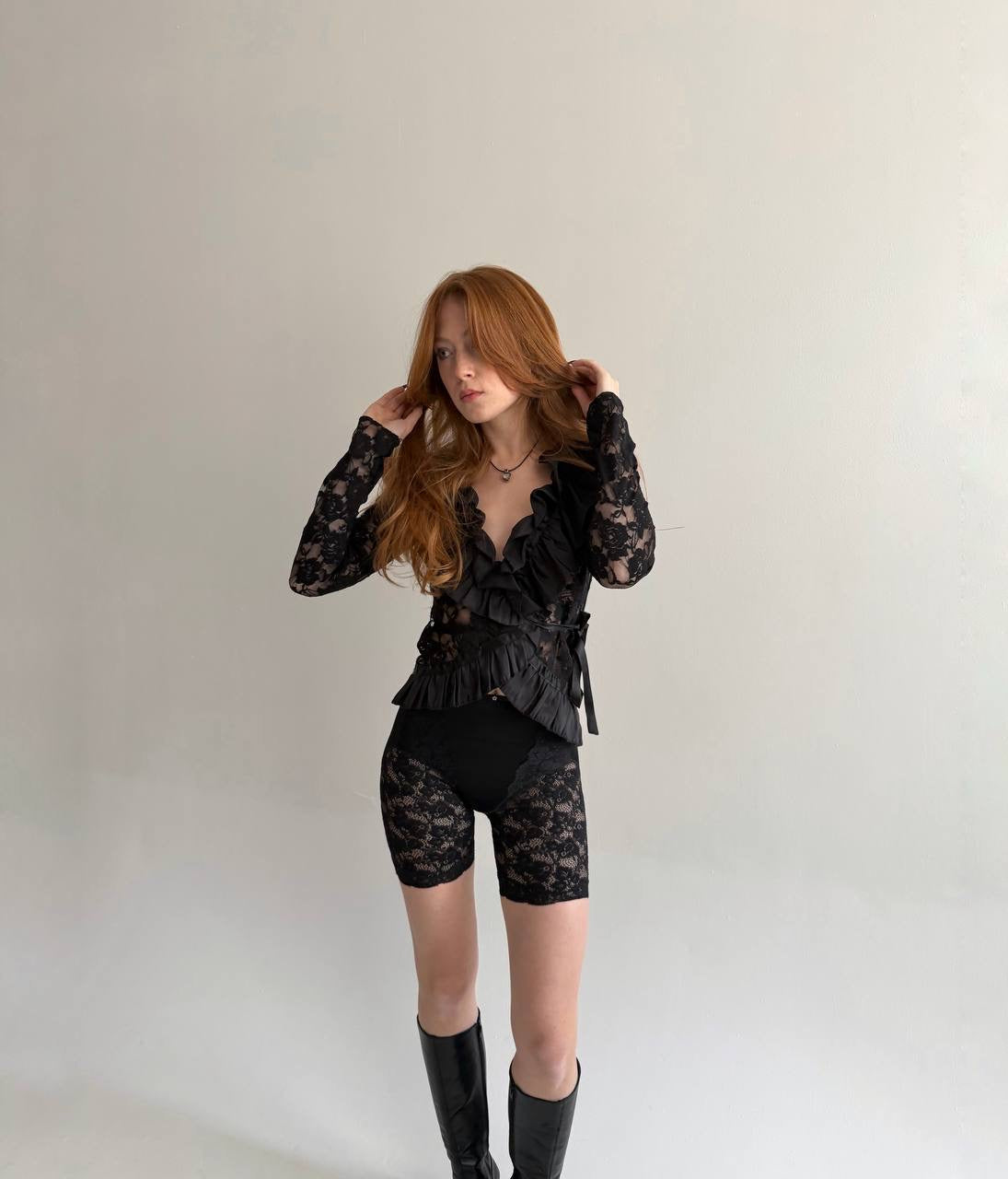 Vintage black lace blouse with ruched ruffles
