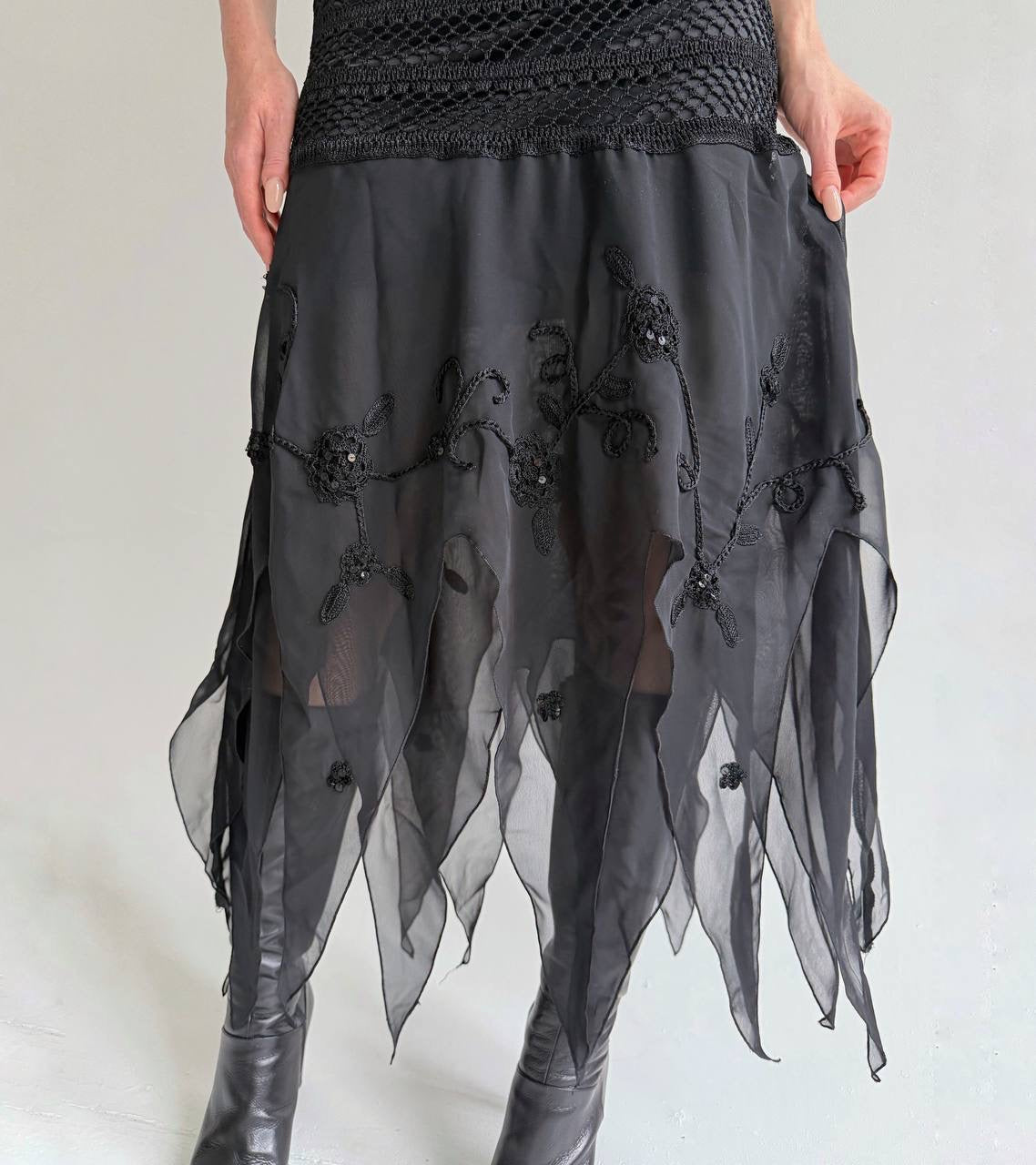 Vintage black 100% rayon asymmetrical long dress