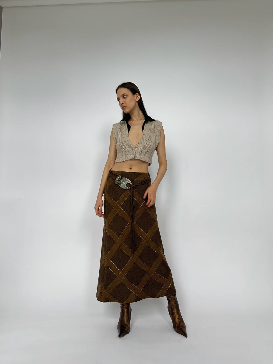 Vintage plaid maxi skirt with boho belt