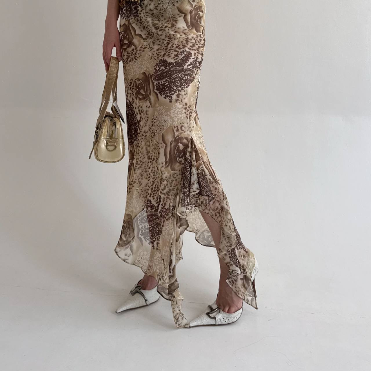 Vintage asymmetrical printed maxi skirt