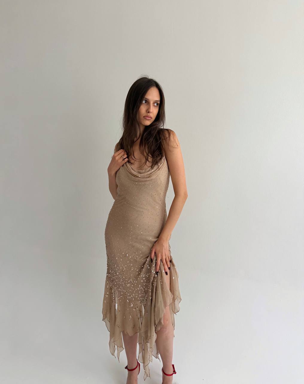 Vintage pure silk nude beaded dress