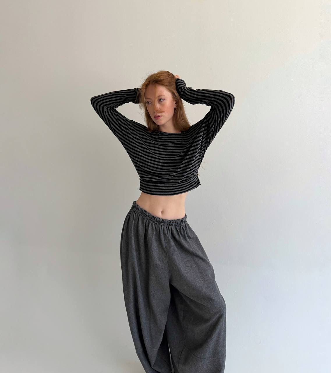 Vintage striped cropped long sleeve blouse