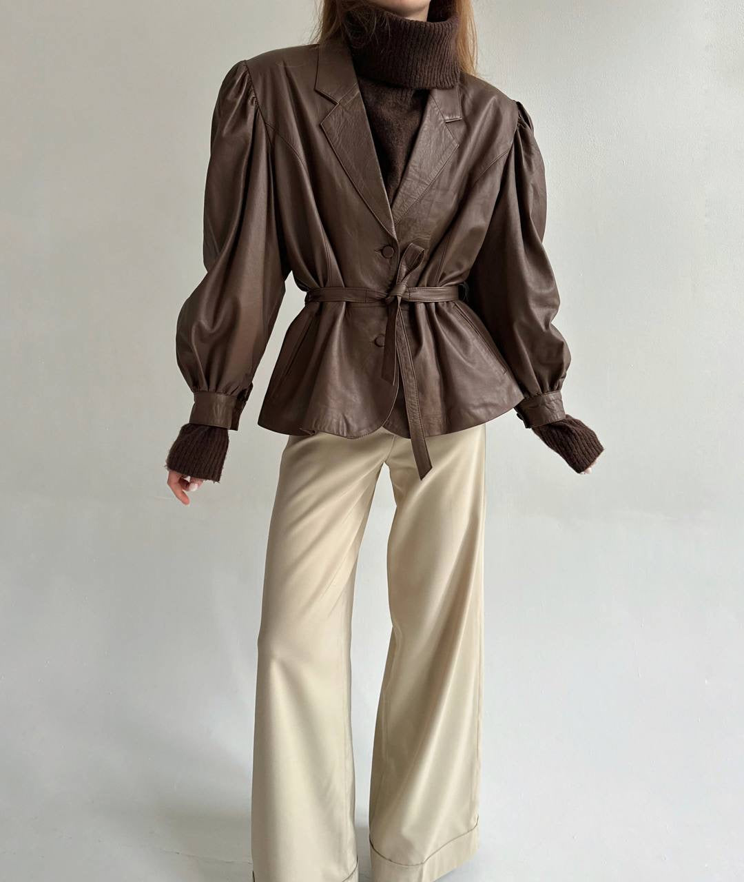 Vintage faux leather jacket with waist tie