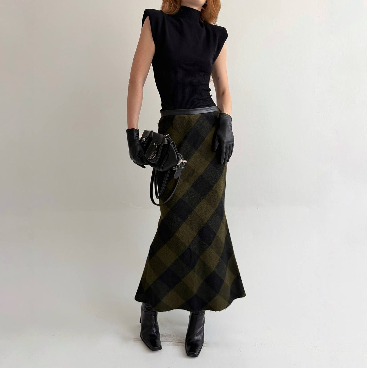 Vintage dark green khaki checked maxi skirt