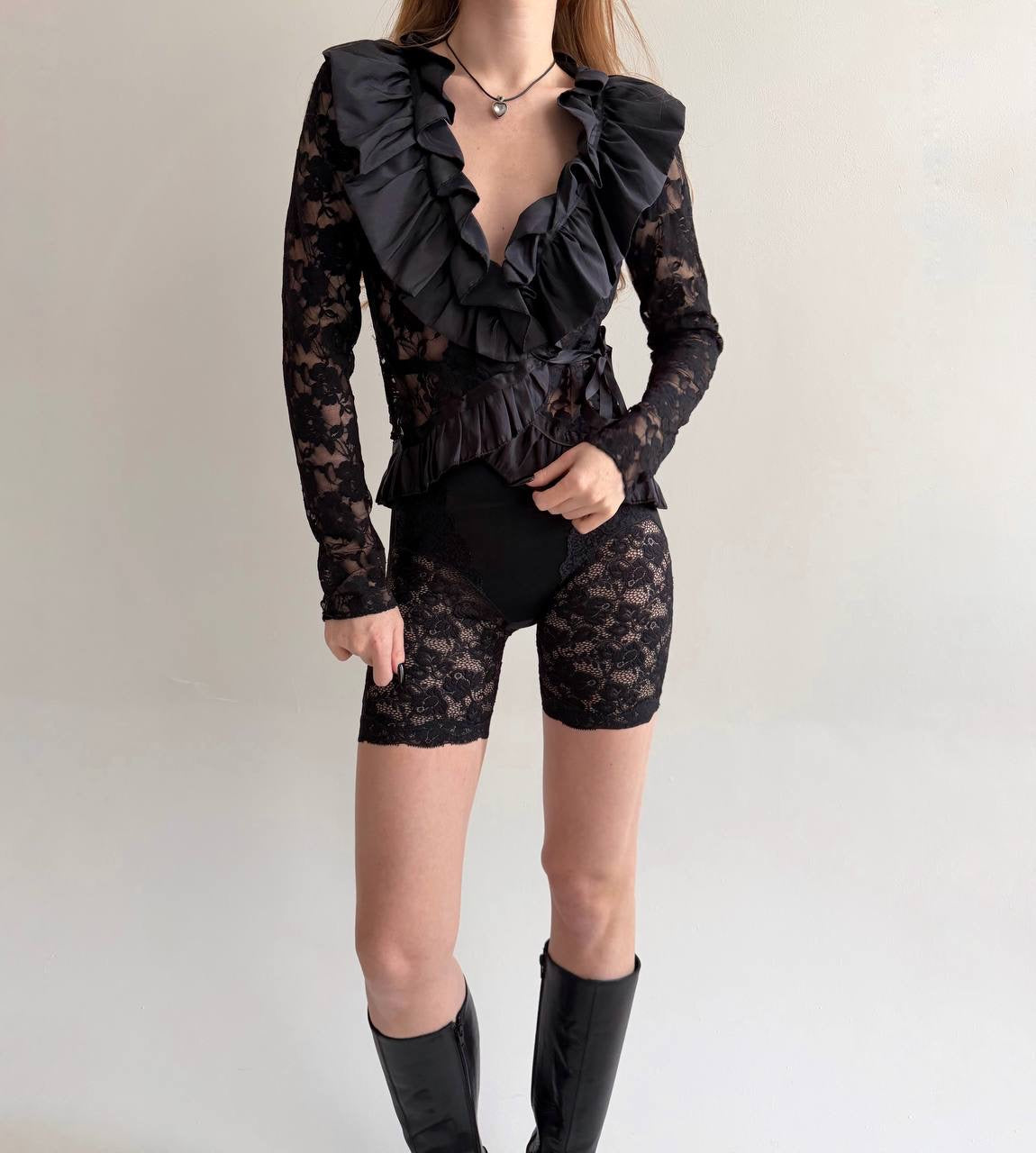 Vintage black lace blouse with ruched ruffles