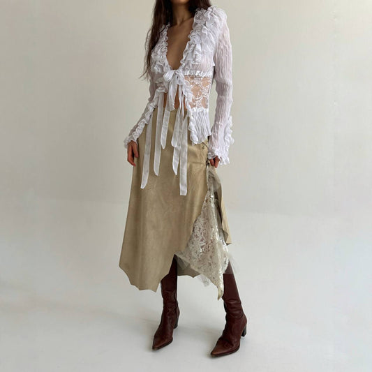 Vintage genuine leather asymmetrical skirt with lace