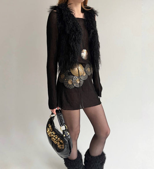 Black fur cropped vest