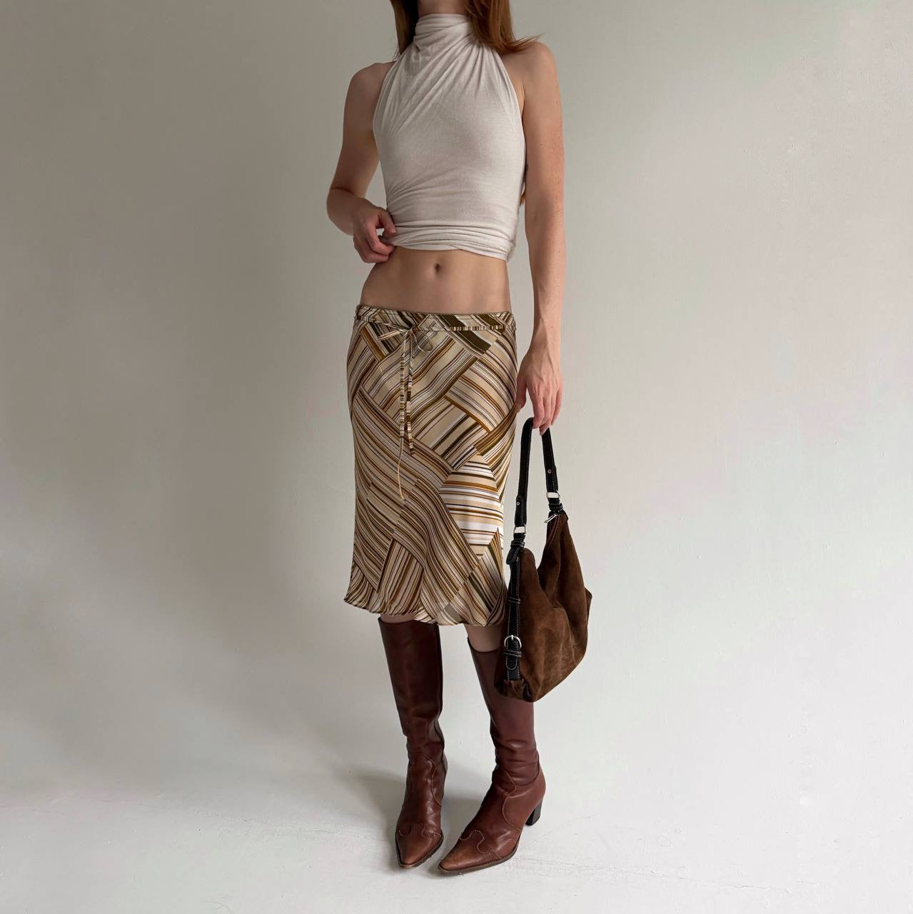 Vintage viscose geometric patterned midi skirt m