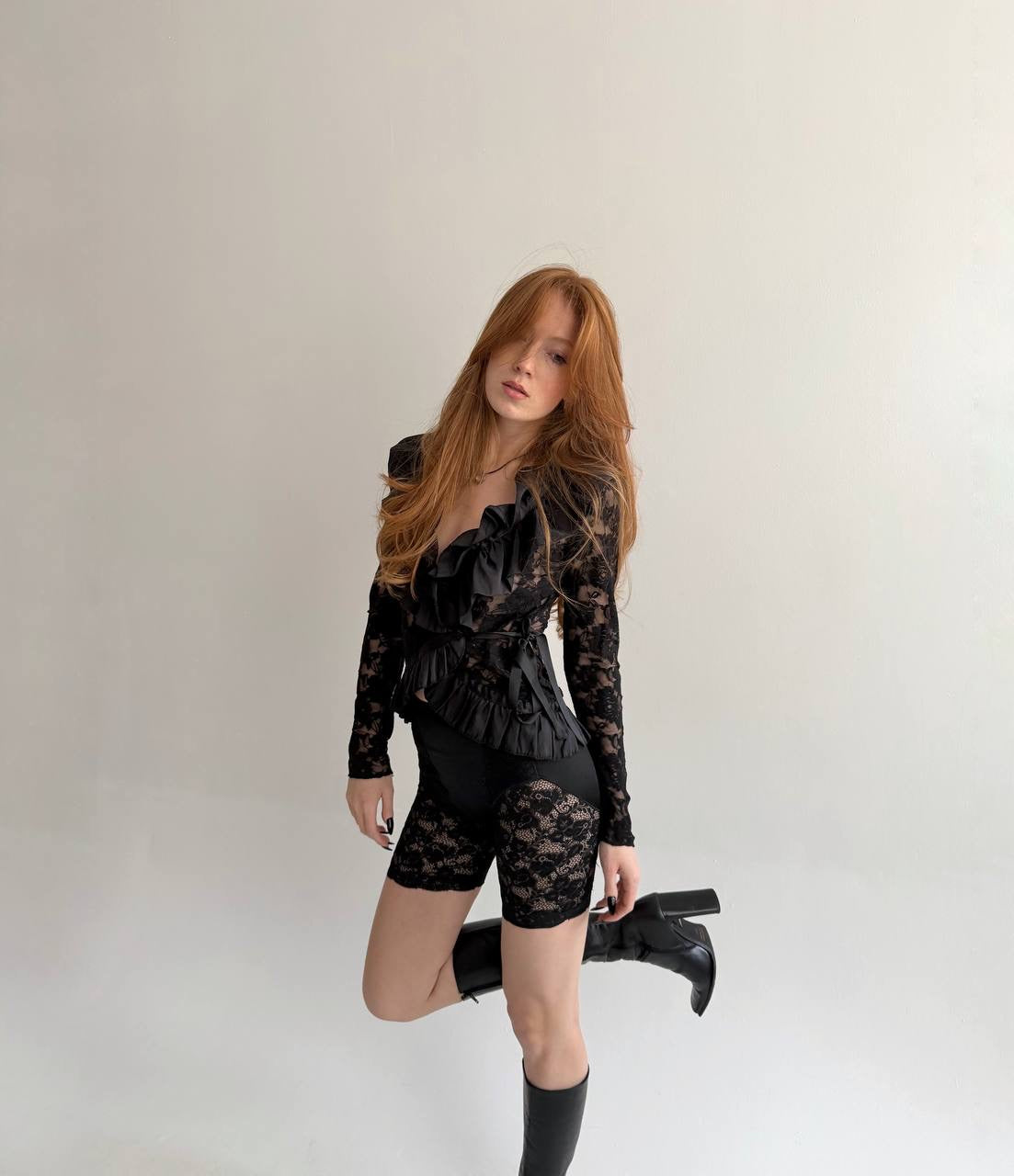 Vintage black lace blouse with ruched ruffles