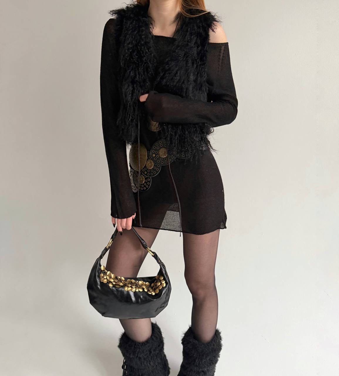 Black fur cropped vest