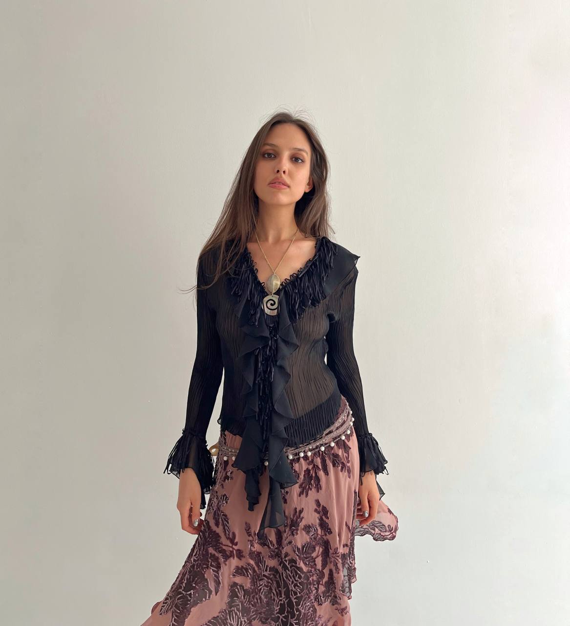 Vintage black ruffled blouse