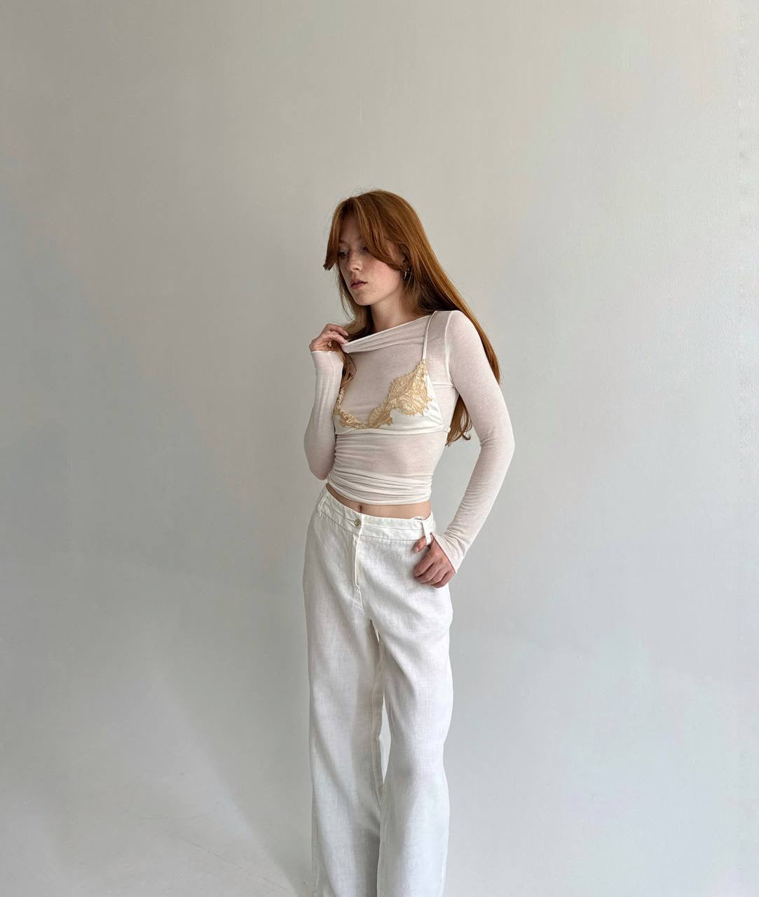 Y2K linen white wide leg pants