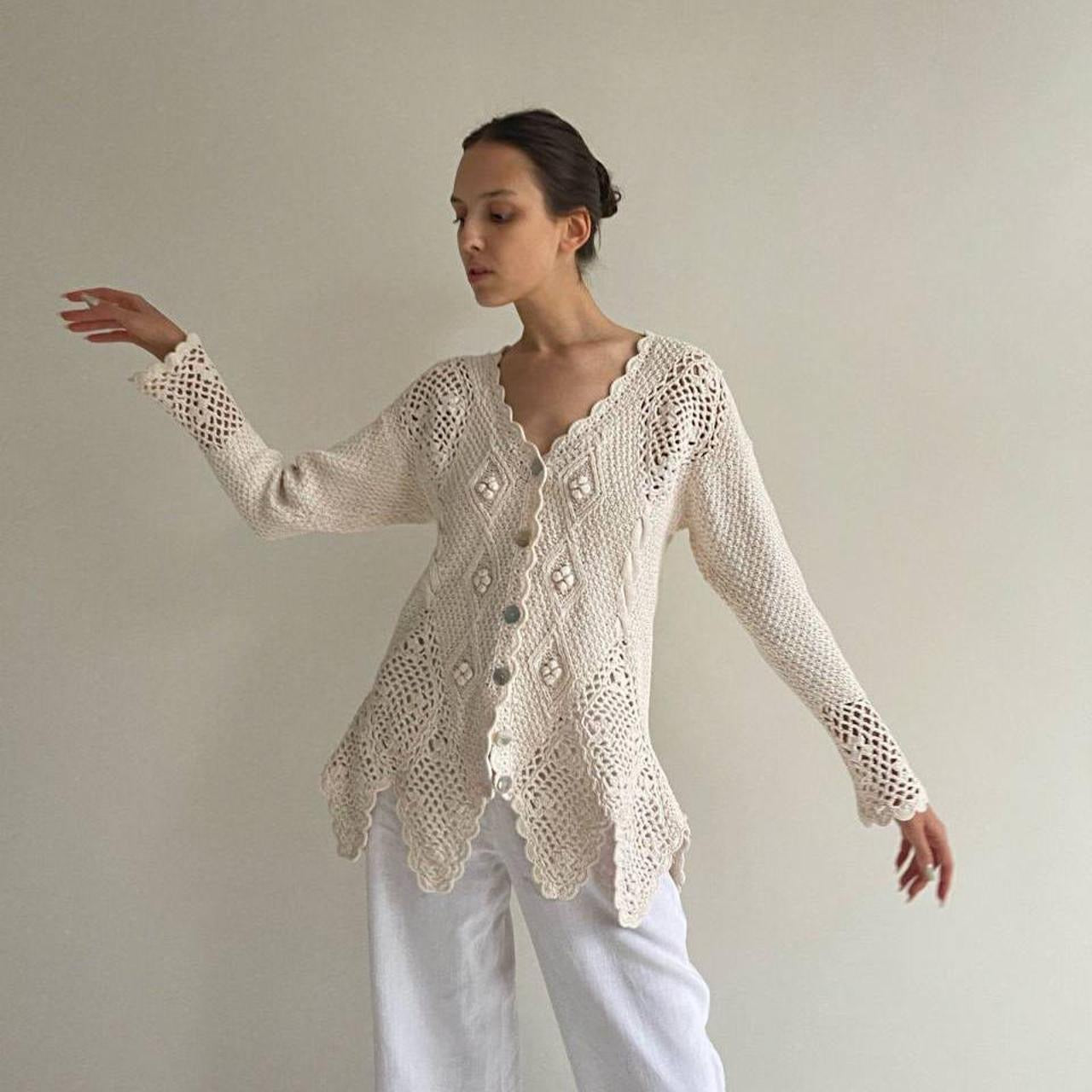 Vintage cotton crochet cardigan with pearl buttons