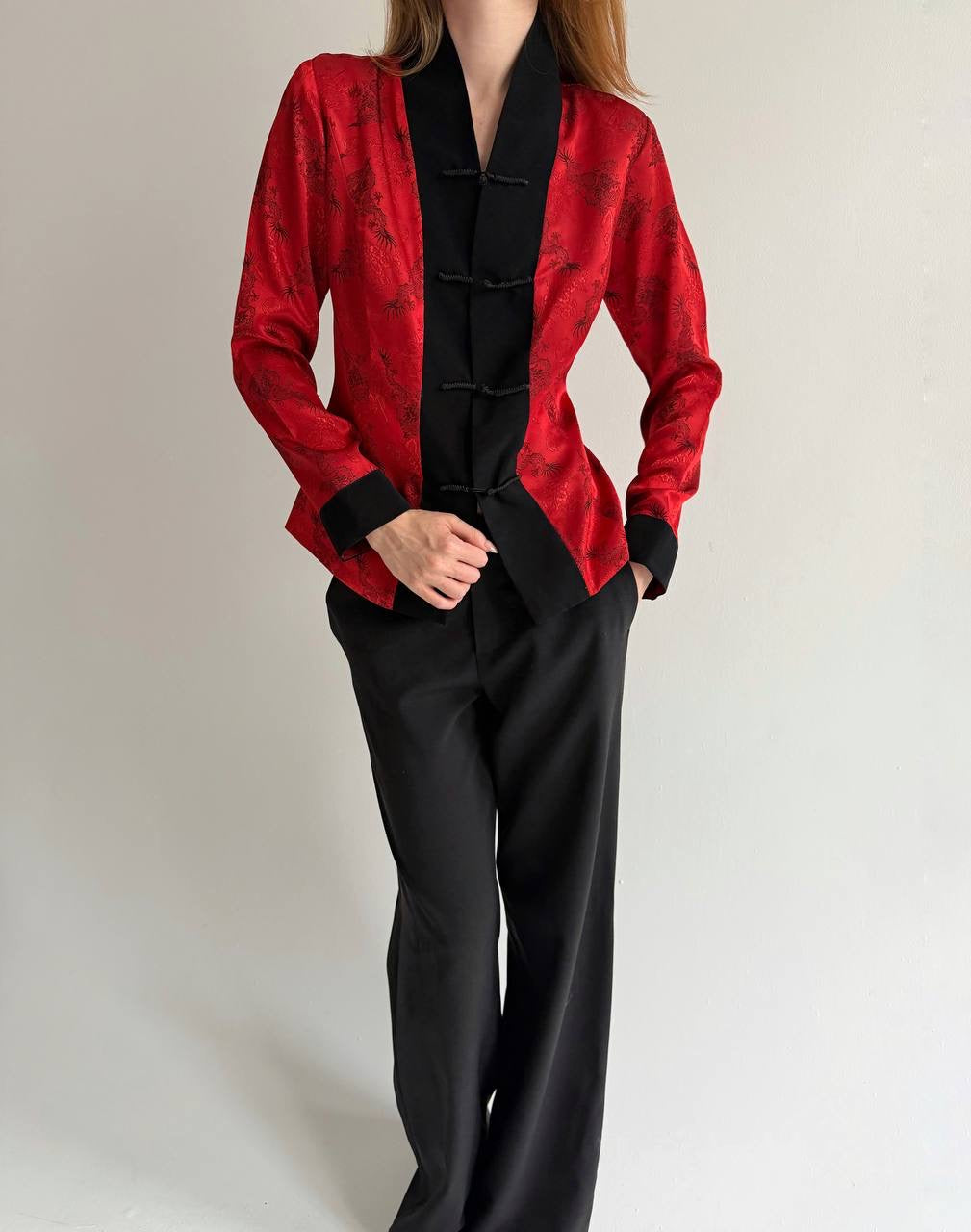 Vintage kimono style red satin blouse