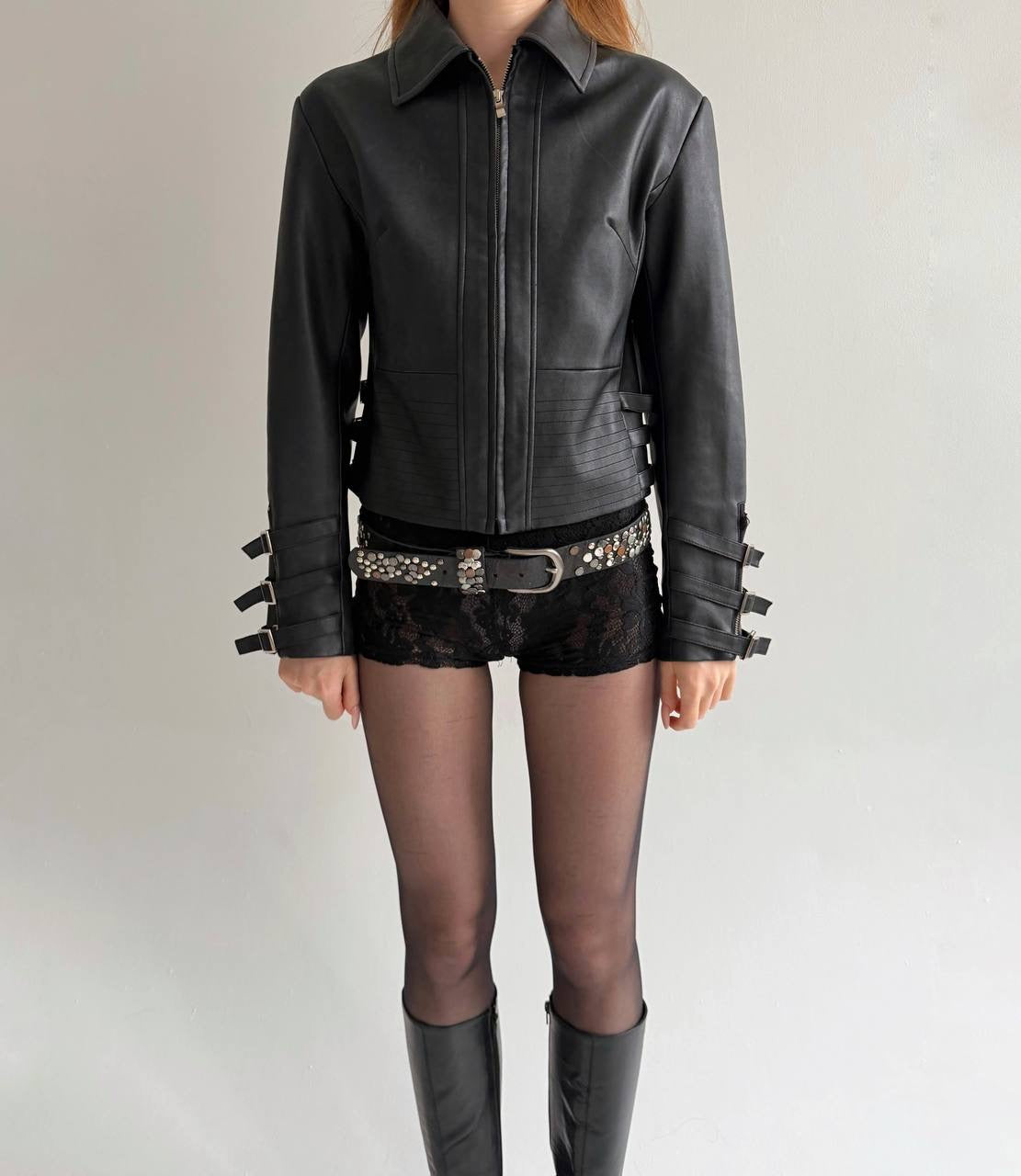 Vintage black faux leather jacket with belts