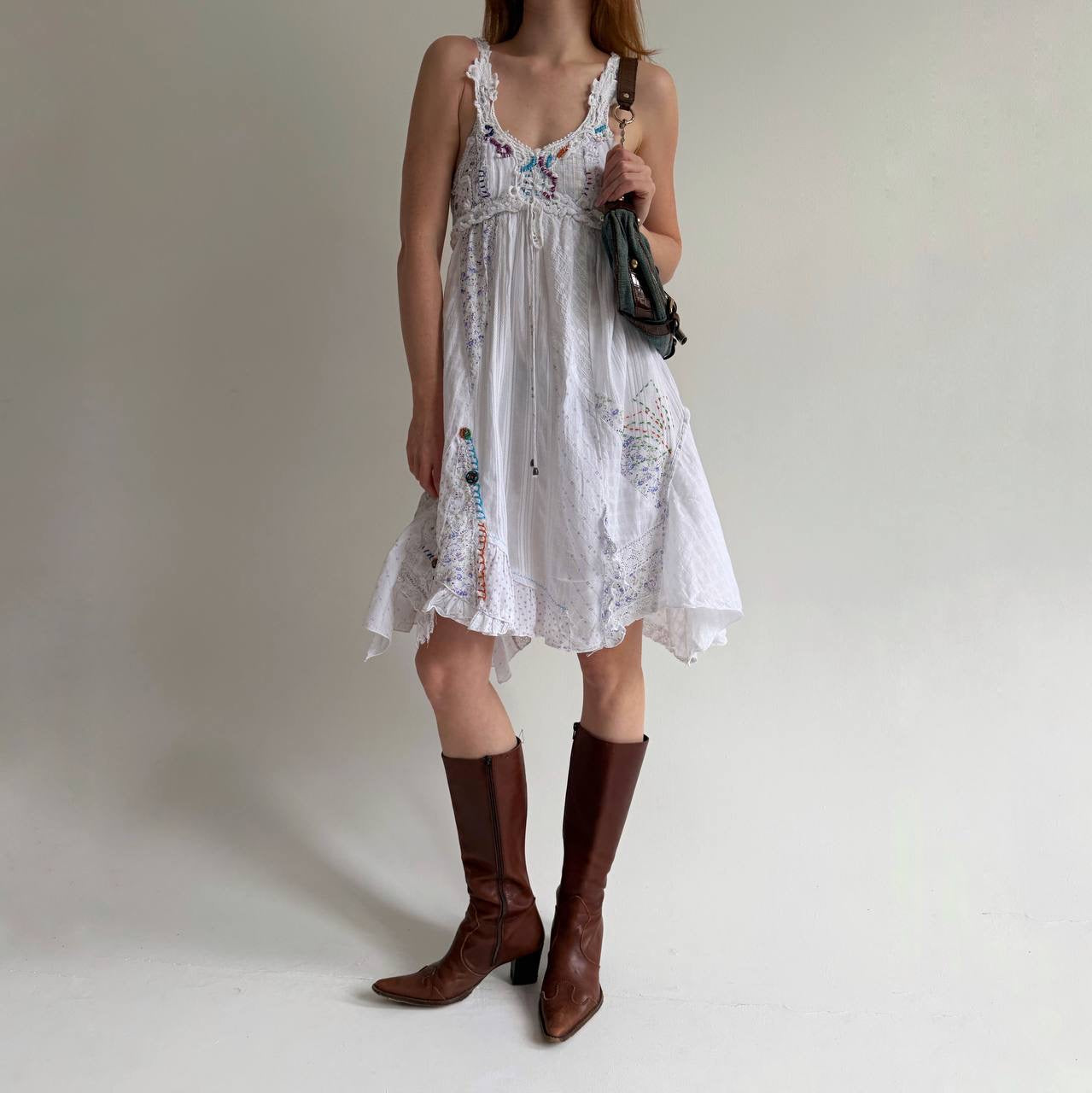 Vintage asymmetrical cotton dress with abstract embroidery