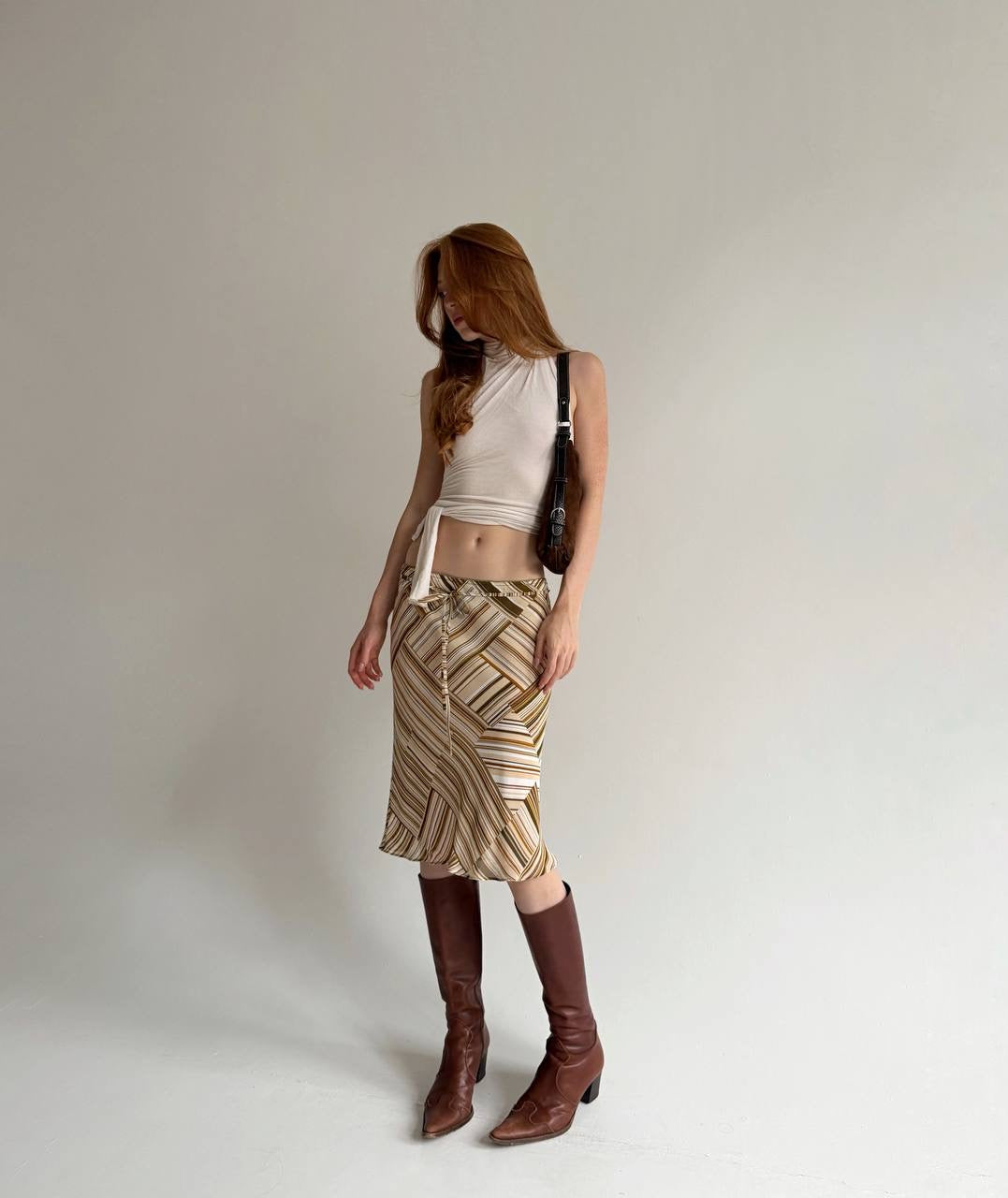 Vintage viscose geometric patterned midi skirt m