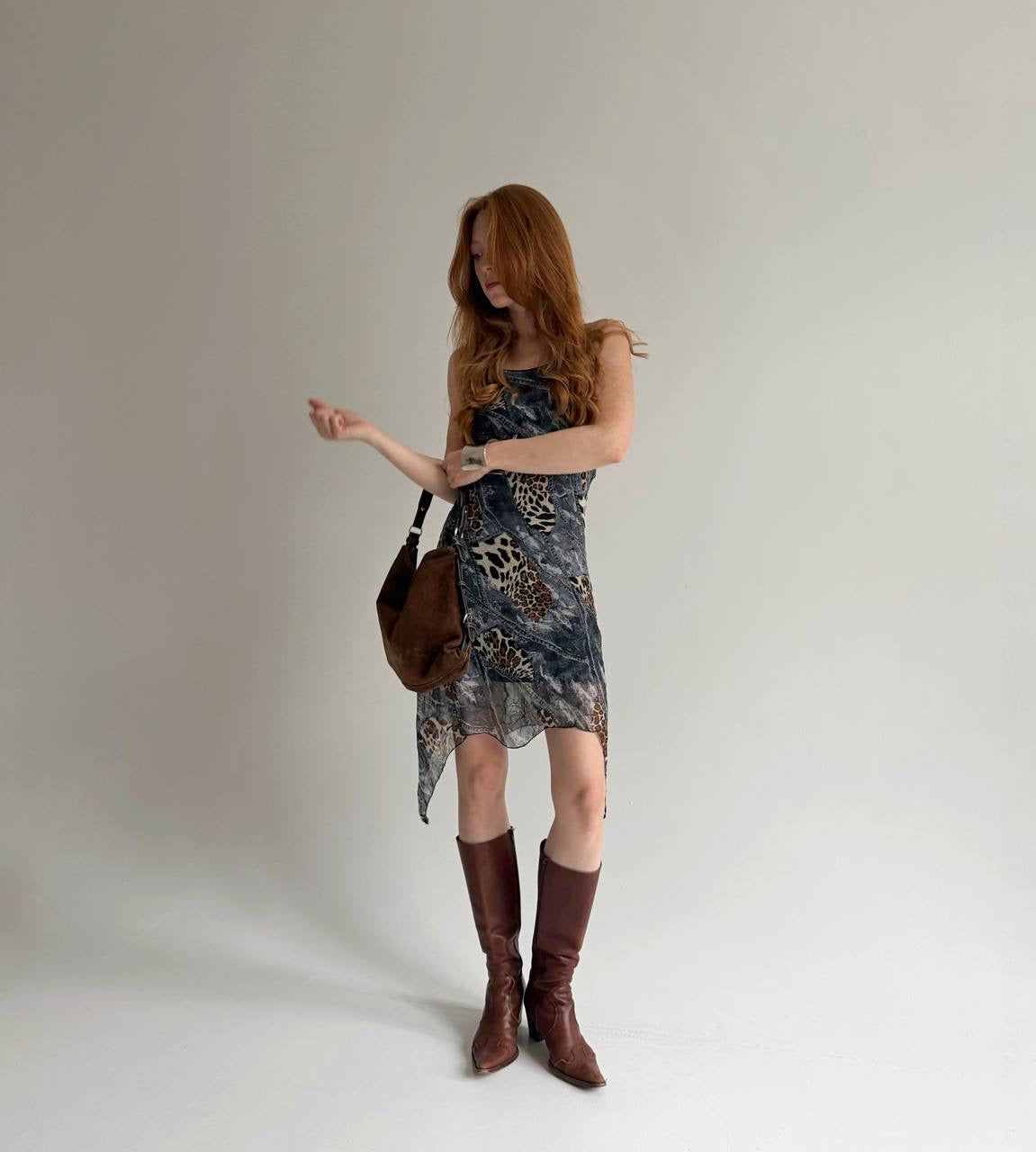 Vintage leopard and denim print midi dress