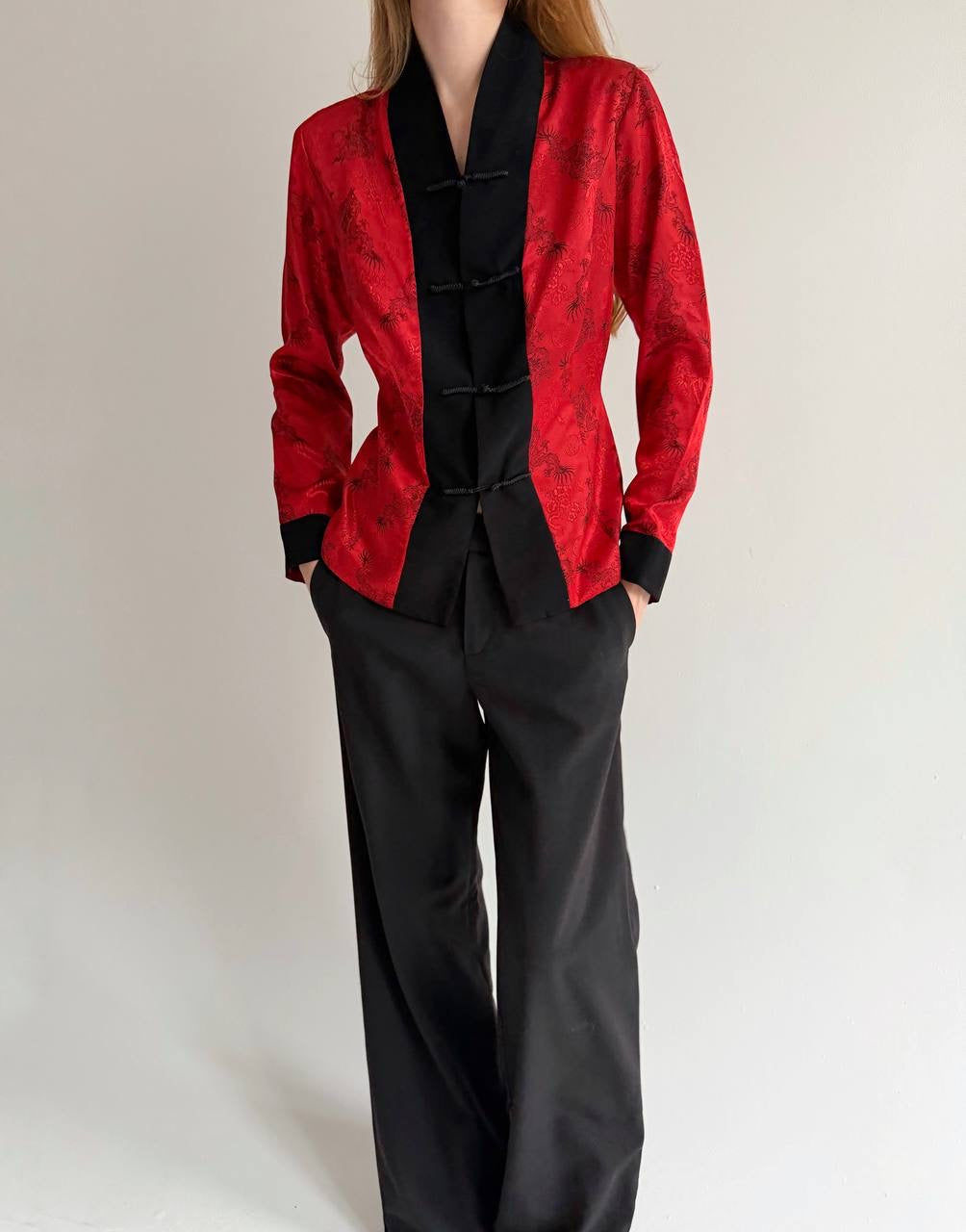 Vintage kimono style red satin blouse