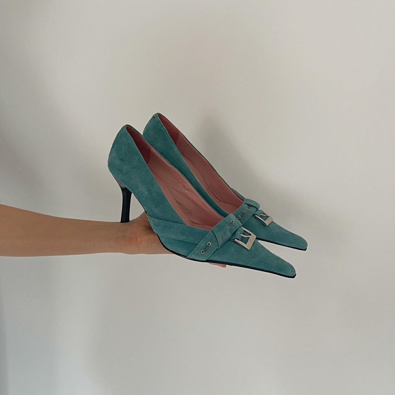 Y2K blue genuine leather heels